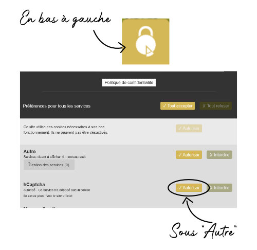 Ouvrir le panneau de gestion de cookies puis accepter les cookies hcaptcha